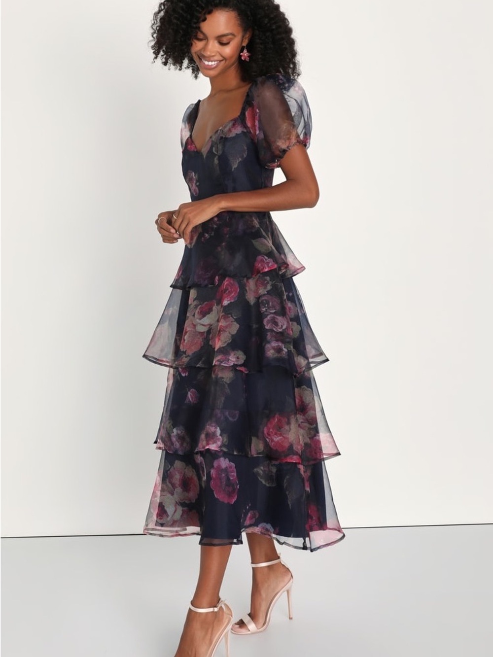 Lulus Oh-So Stunning Navy Blue Floral Organza Tiered Midi Dress NWT Size S & XS
